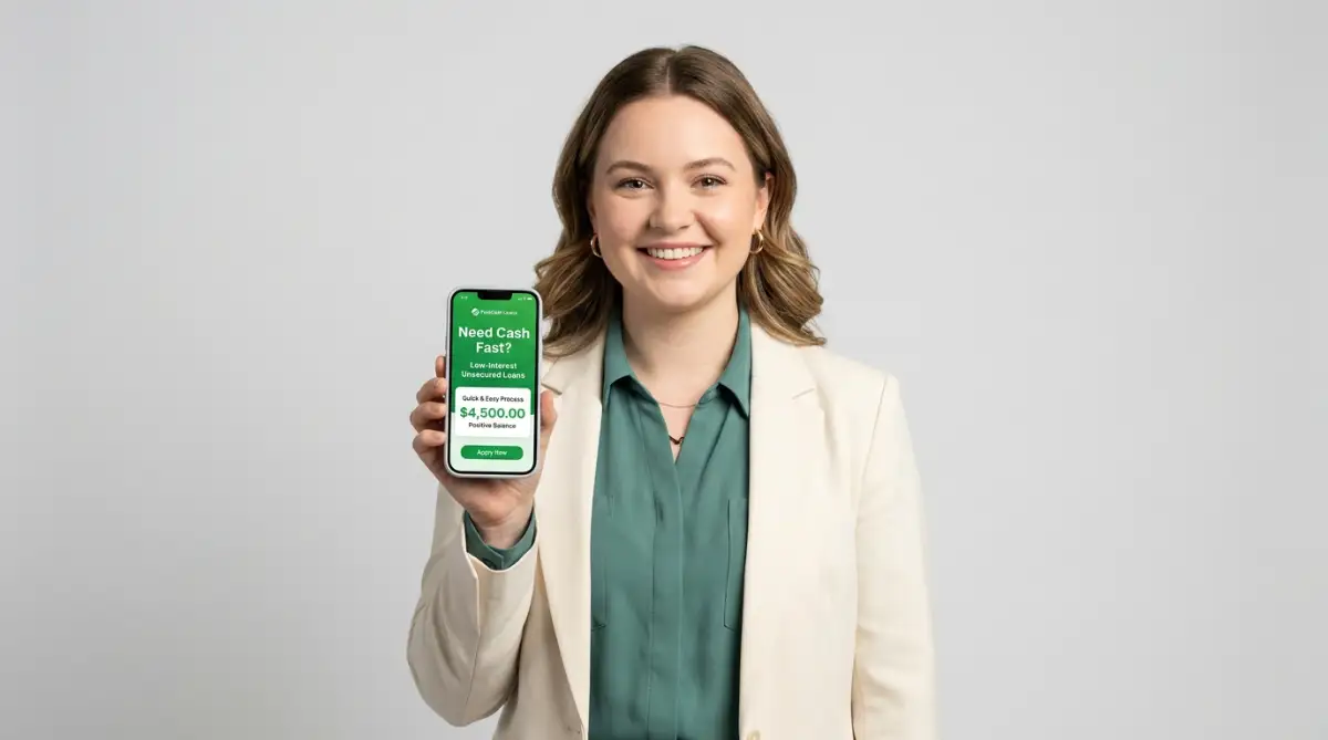 A happy professional female model looking at a smartphone screen showing safe options for low interest unsecured loans in a clean studio setting.