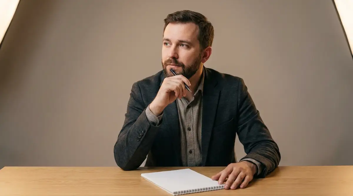 A thoughtful young man sitting at a clean desk considering what happens to his assets if he dies without a legal will.