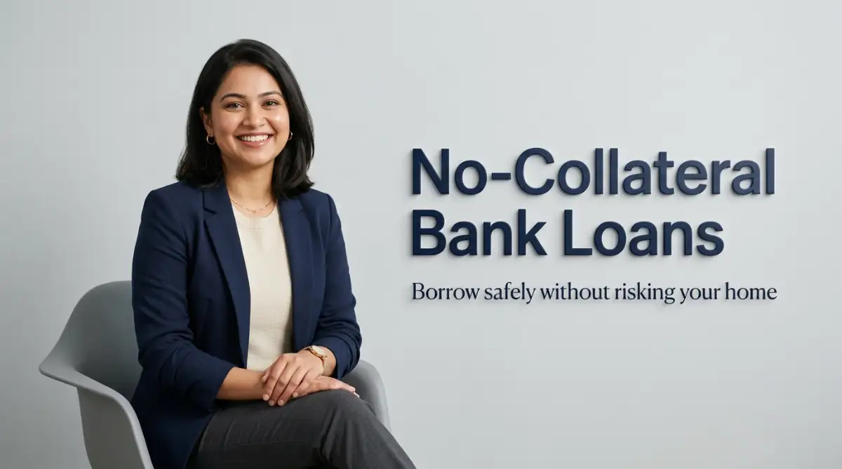 A smiling professional woman with a round face sitting in a bright studio, highlighting how to get a bank loan without collateral using a strong credit history.