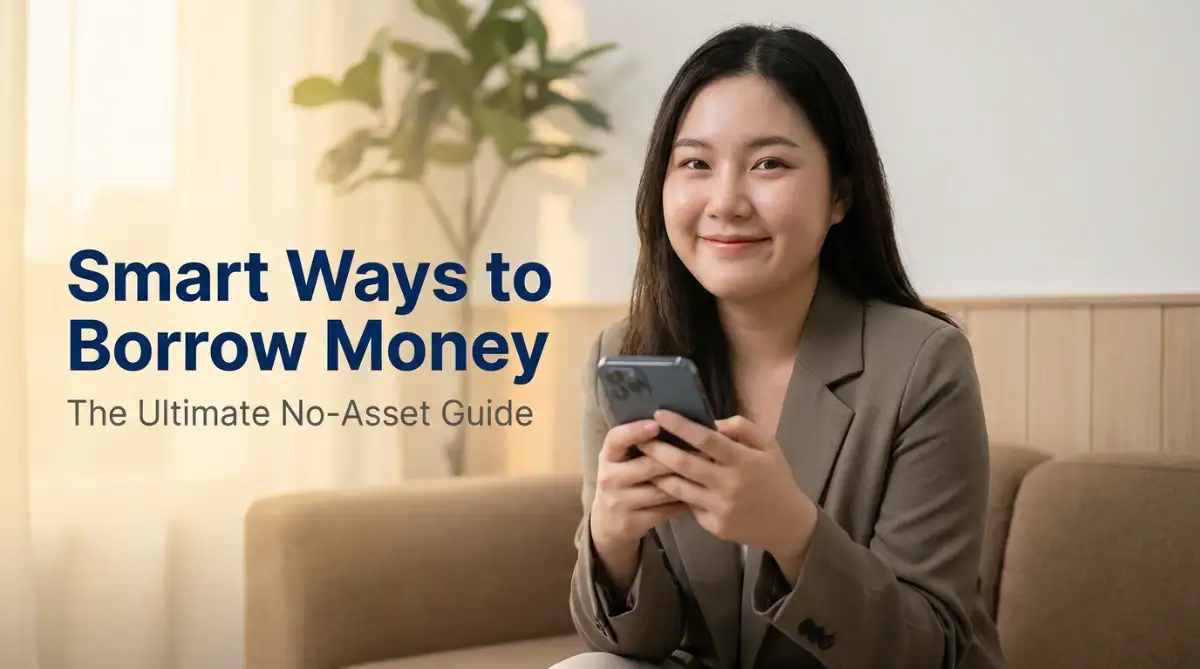 A professional fair-complexioned female model smiling and looking at her phone, representing safe and smart ways to borrow money without assets.