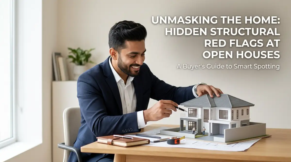 A professional home buyer inspects a house structure carefully to identify hidden structural defects and warning signs during an open house.