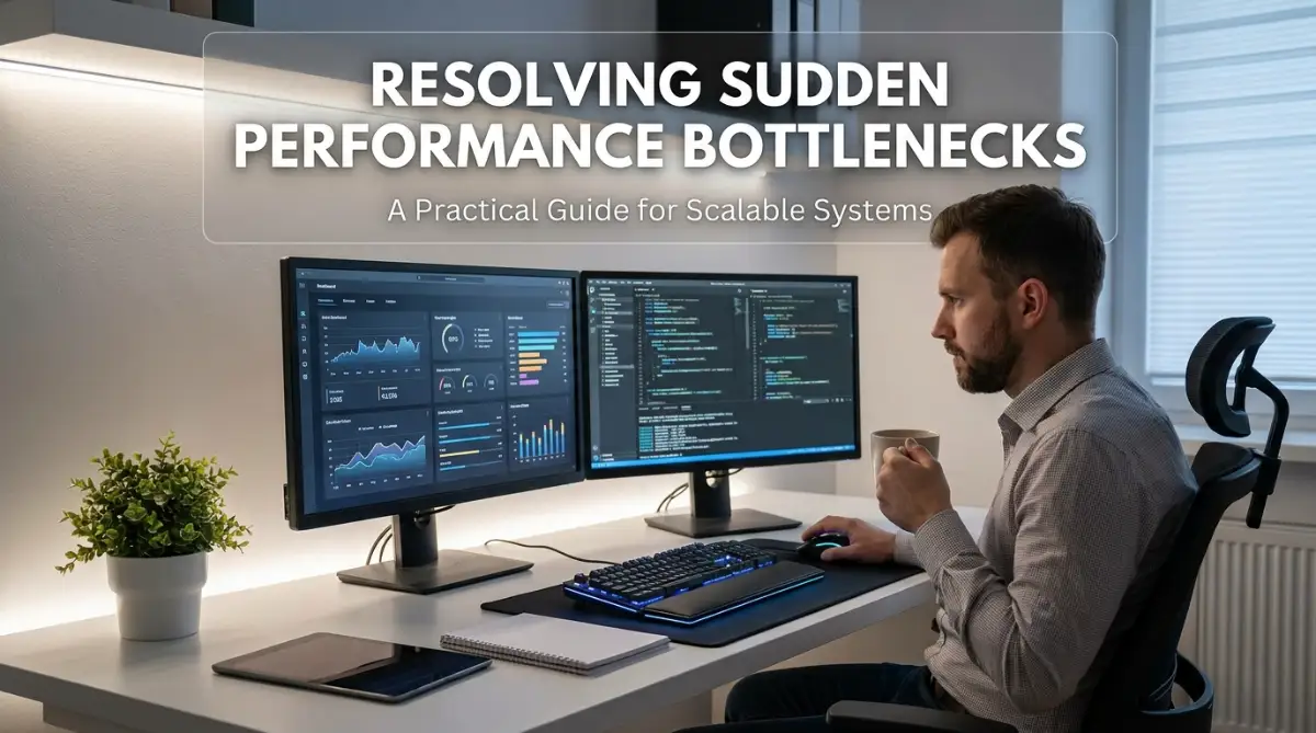 A smart young database engineer reviewing server performance graphs on modern desktop monitors to fix sudden database bottlenecks.