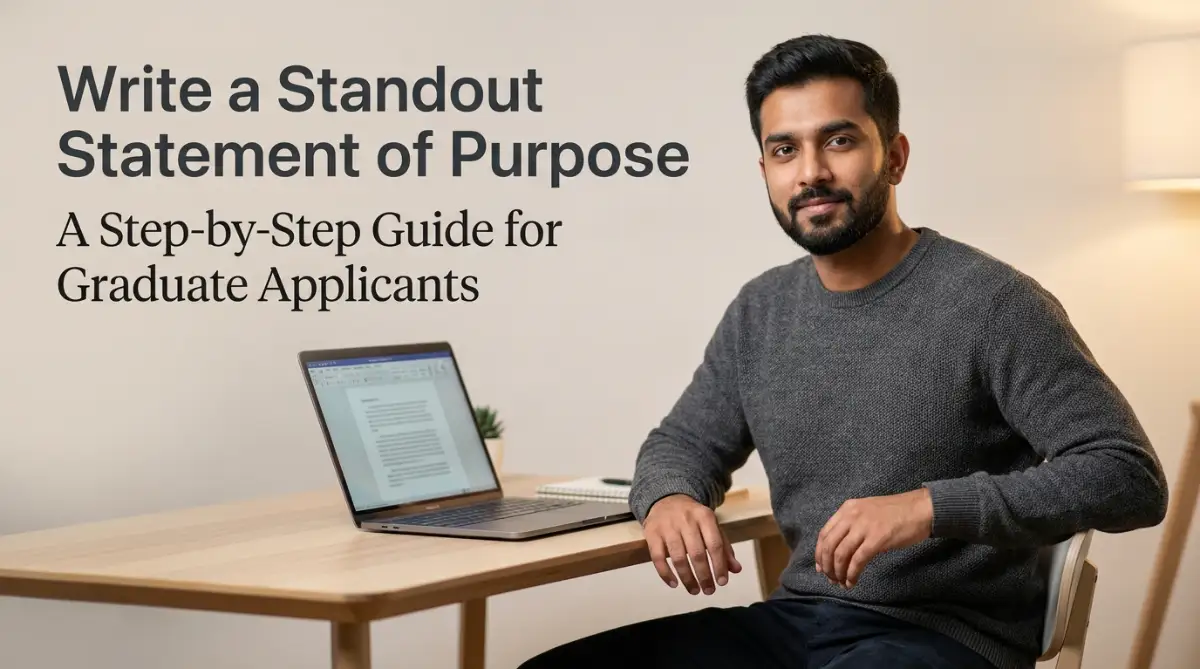 A young male student working on a laptop at a bright desk, presenting the main steps to draft an academic statement of purpose that stands out to admissions committees.