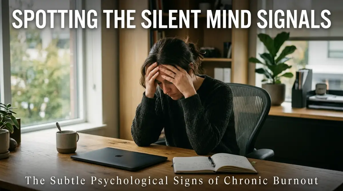 A thoughtful professional sitting at a desk looking out a window while experiencing early psychological signs of chronic burnout.