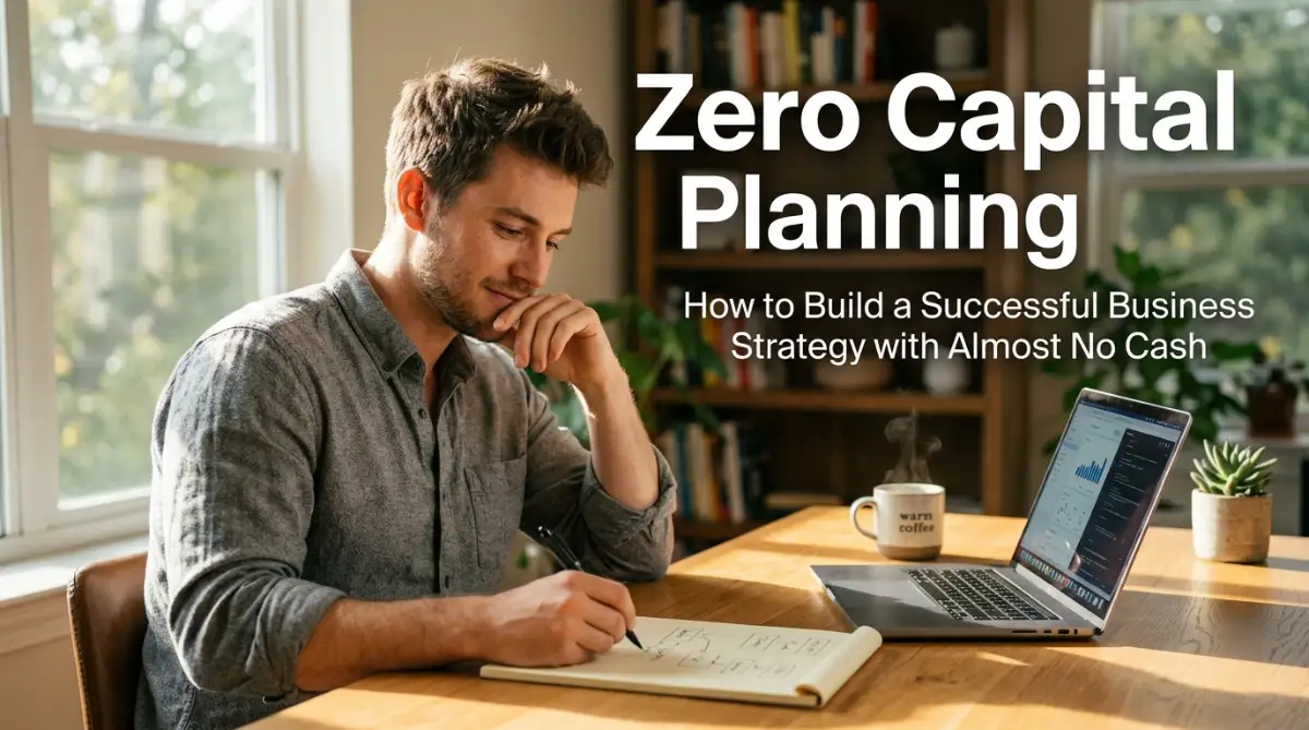 A young entrepreneur writing down a practical business plan with minimal capital at a sunny workspace.