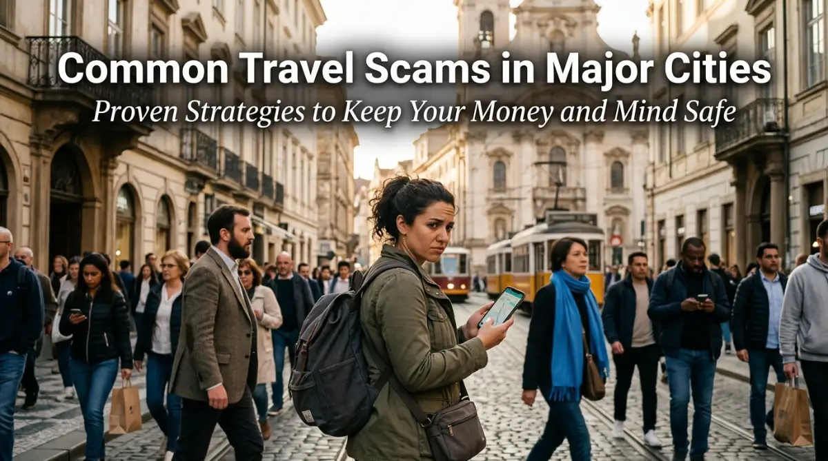 A smart traveler safely navigating a crowded metropolitan street to avoid common travel scams in major cities.