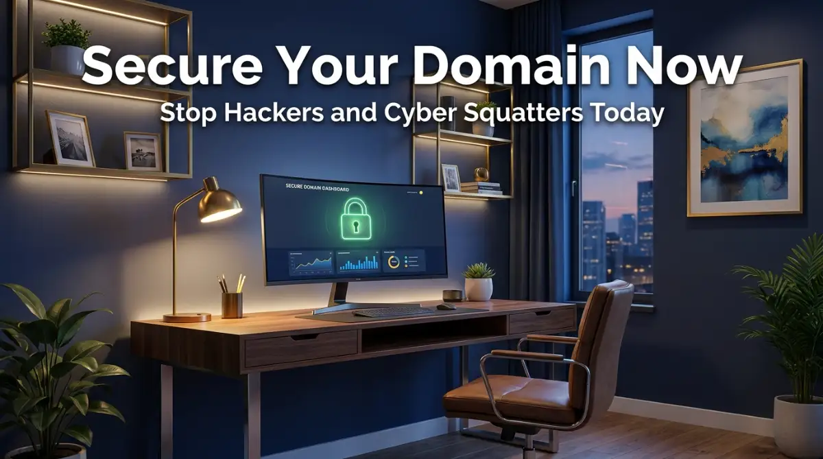 secure domain dashboard showing a green lock on a computer screen to secure your domain name against unauthorized transfers and cyber squatters.