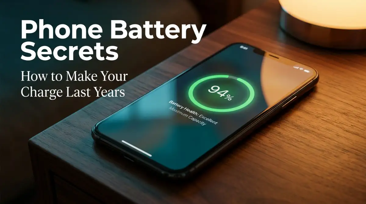 A close-up of a modern smartphone showing a glowing green battery icon with a healthy charge state.